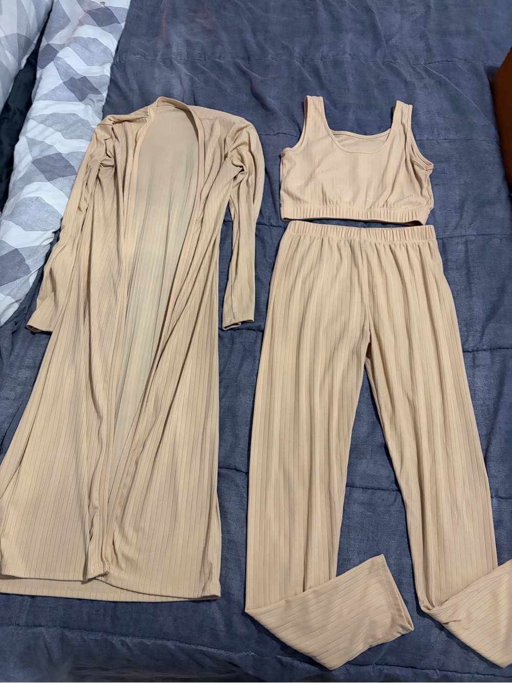 Ribbed Three-Piece Lounge Set in Beige - Tank, Pants & Duster